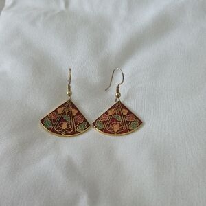 Vintage Cloisonne Gold and Red Fan-Shaped Earrings